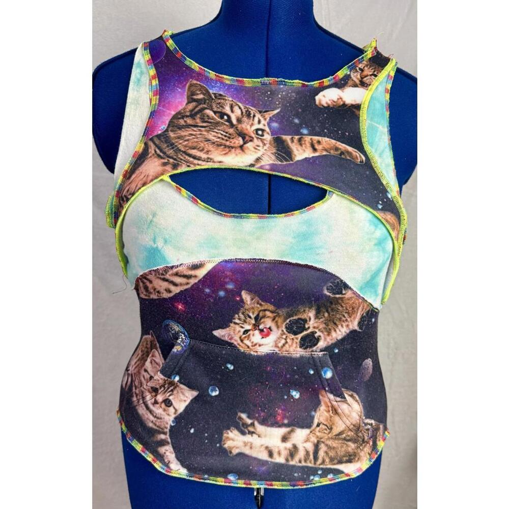 space‎ cat galaxy upcycled cut out tank top trippy kitten cosmic stretch goth